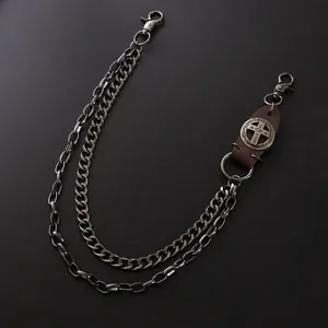 Punk style double layer metal wallet chain with retro leather cross accent and lobster clasps