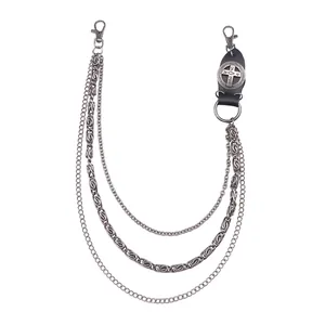 Retro multi-layer metal wallet chain with leather cross charm for punk denim styling
