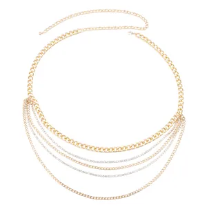 Multi-layer gold chain body belt with sparkling rhinestones and adjustable lobster clasp