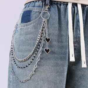 Triple layer silver metal pants chain with pixel heart pendants for Y2K punk style