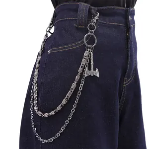 Catena per Pantaloni in Metallo a Doppio Strato con Pendente Vichingo ad Ascia Punk Gothic Portafoglio Catena Uomo Accessorio