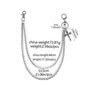 Three-layer silver metal pants chain with cross and screw pendant details