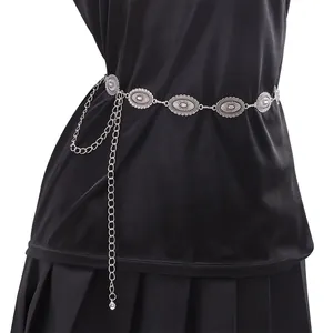 Cintura a Catenella Vintage Bohemian in Lega Argento Antico per Donna Modello Sole Intagliato Etnico Catena in Metallo Regolabile Gioielli da Spiaggia Estivi