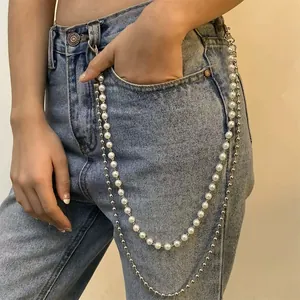 Moda Doppio Strato Catena da Vita in Perle Sintetiche Argento Metallo Perline Pantaloni Catena Cintura per Donna Gioielli
