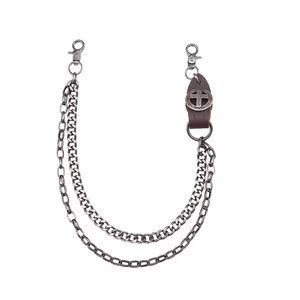 Double-layered punk metal waist chain with vintage leather cross accent for jeans