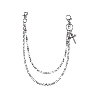 Double-layered silver metal pants chain with cross wing pendant and lobster clasps