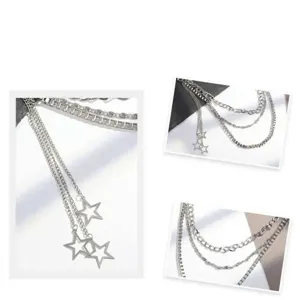 Silver multi-layer punk waist chain with hollow star pendants and sleek metal finish