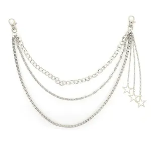 Silver multi-layer punk waist chain with hollow star charms and lobster clasps