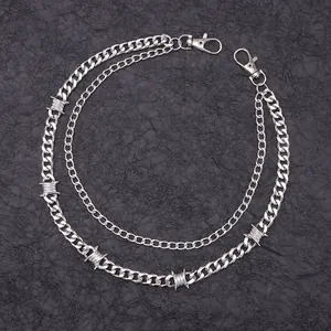 Double-layered silver thorn Cuban chain with lobster clasps and punk barbed wire accents