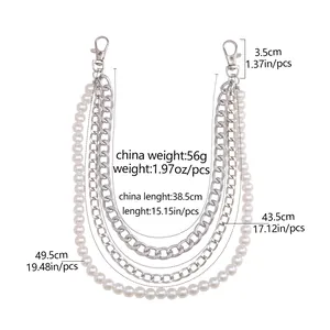 Detail view of double-layer silver metal chains and white pearls with measurements and weight