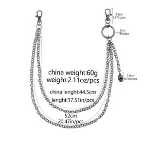 Detailed size chart for punk double-layer metal wallet chain with skull pendant
