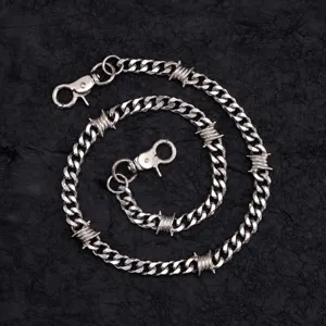 Gothic punk silver thorn waist chain with barbed wire links and lobster clasps