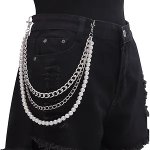 Multi-layer silver metal chain and pearl waist belt accessory for black denim shorts