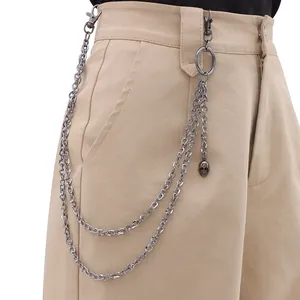 Retro punk double layer silver metal waist chain with skull pendant for men