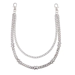 Double-layered stainless steel hip hop pants chain with punk thorn charms and lobster clasps