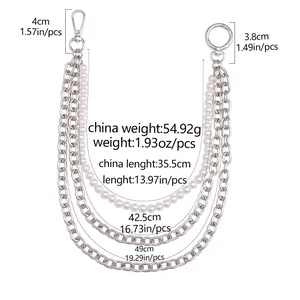 Detail view of multi-layer hip hop chain with metal links, pearls and length dimensions