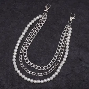 Retro multilayer waist chain featuring silver metal links and glossy white pearls