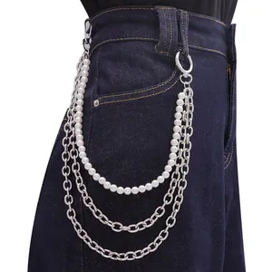 Hip Hop Multi-layer Metal Link Chain With Faux Artificial Pearl Pant Chain Unisex Denim Belt Hanging Chain Street Dance Waist Chain