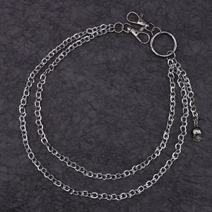 Double-layered silver metal wallet chain with skull pendant in punk streetwear style
