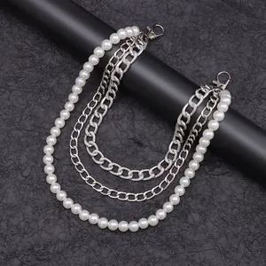 Retro double-layer silver metal chain belt with white pearls and lobster clasps