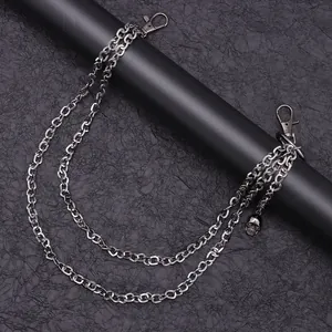 Double-layer silver metal chain with skull pendant in punk style for men's streetwear