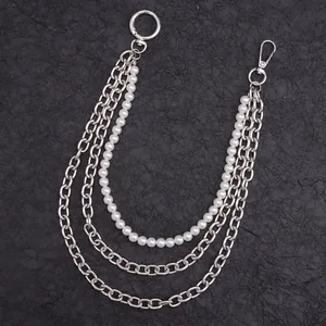 Multi-layer silver hip hop pant chain with pearls and metal links for street style