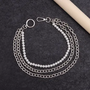 Three-layer hip-hop trousers chain featuring silver metal links and white pearls