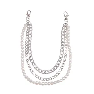 Retro double-layer silver metal chain waist belt with elegant white faux pearls