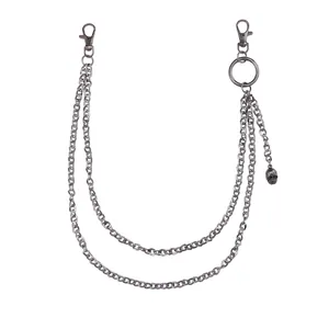 Retro punk double layer metal trousers chain with skull pendant in vintage silver
