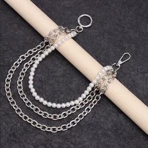 Three-layer hip hop waist chain with silver metal links and white pearls for jeans