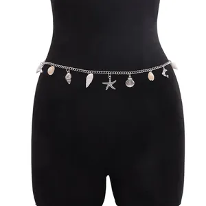 Cadena de cintura bohemia plateada con dijes de estrella de mar y conchas para la playa
