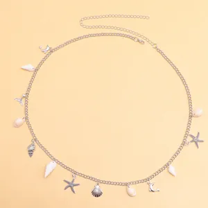 Cadena de cintura bohemia plateada con colgantes de conchas, estrellas de mar y delfines