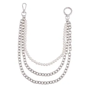 Three-layer hip hop waist chain with silver metal links and white imitation pearls