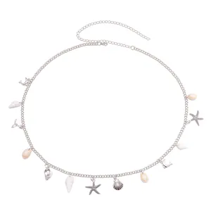 Cadena de cintura bohemia plateada con conchas y estrellas de mar para la playa