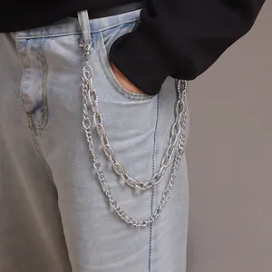 Retro Embossed Double Layer Metal Waist Chain Punk Hip Hop Pant Chain For Jeans Women Men Silver Wallet Chain Jewelry