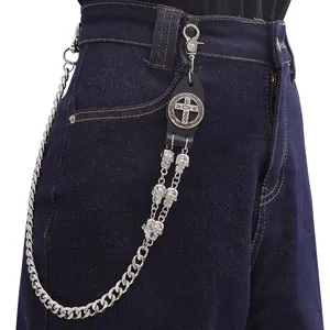 Vintage Punk Gothic Hosenkette Legierung Rindsleder Totenkopf Kreuz Anhänger Geldbörse Gürtelkette Schmuck Für Herren Damen Rock Biker