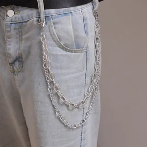 Double layered silver punk hip hop pants chain with lobster clasps on blue denim