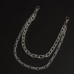 Silver punk double-layer metal wallet chain with lobster clasps and vintage embossed links