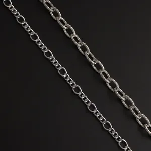 Close-up of silver metal chain links with embossed texture and polished spiral patterns