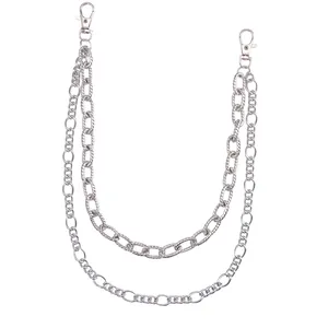 Vintage embossed silver double layer waist chain with punk style engraved links