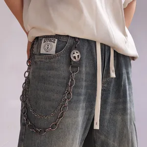 Vintage Double Layer Zinc Alloy Cowhide Pant Chain With Cross Charm Gothic Punk Streetwear Wallet Belt Chain For Women Men