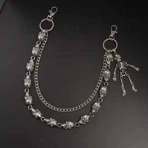 Gothic Punk Hip Hop Taillenkette mit silbernen Totenkopf-Anhängern und Metallschichten