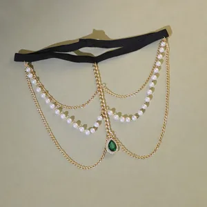 Chaîne de cuisse multicouche avec bande élastique, perles et goutte d'eau verte