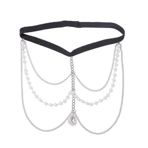 Chaîne de cuisse sexy multicouche avec perles et strass goutte sur bande élastique