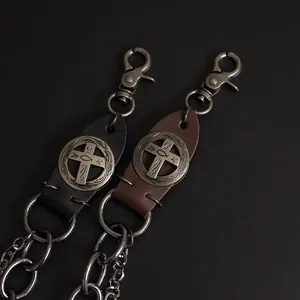 Vintage leather cross waist chain with double-layer metal link belts for industrial style