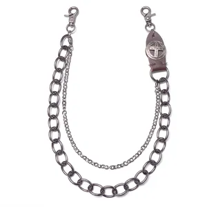 Vintage layered metal pant chain with distressed leather cross pendant and hooks