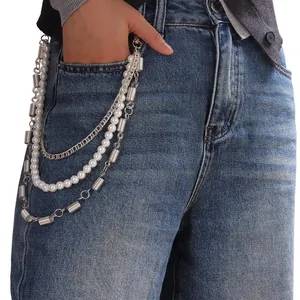 Cadena para Pantalón Multicapa de Aleación y Perlas de Imitación Hip-hop Cadena de Cintura de Metal Plateado con Resorte para Jeans
