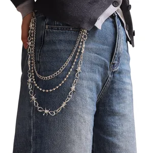 Punk Barbed Wire Multi Layer Metal Pants Chain For Men Women Hip Hop Zinc Alloy Ball Curb Belt Chain Streetwear Jewelry