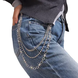 Three-layer silver punk waist chain with thorn wire, bead and cuban link details
