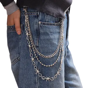 Three-layer silver metal hip-hop pants chain with thorns and cuban link details